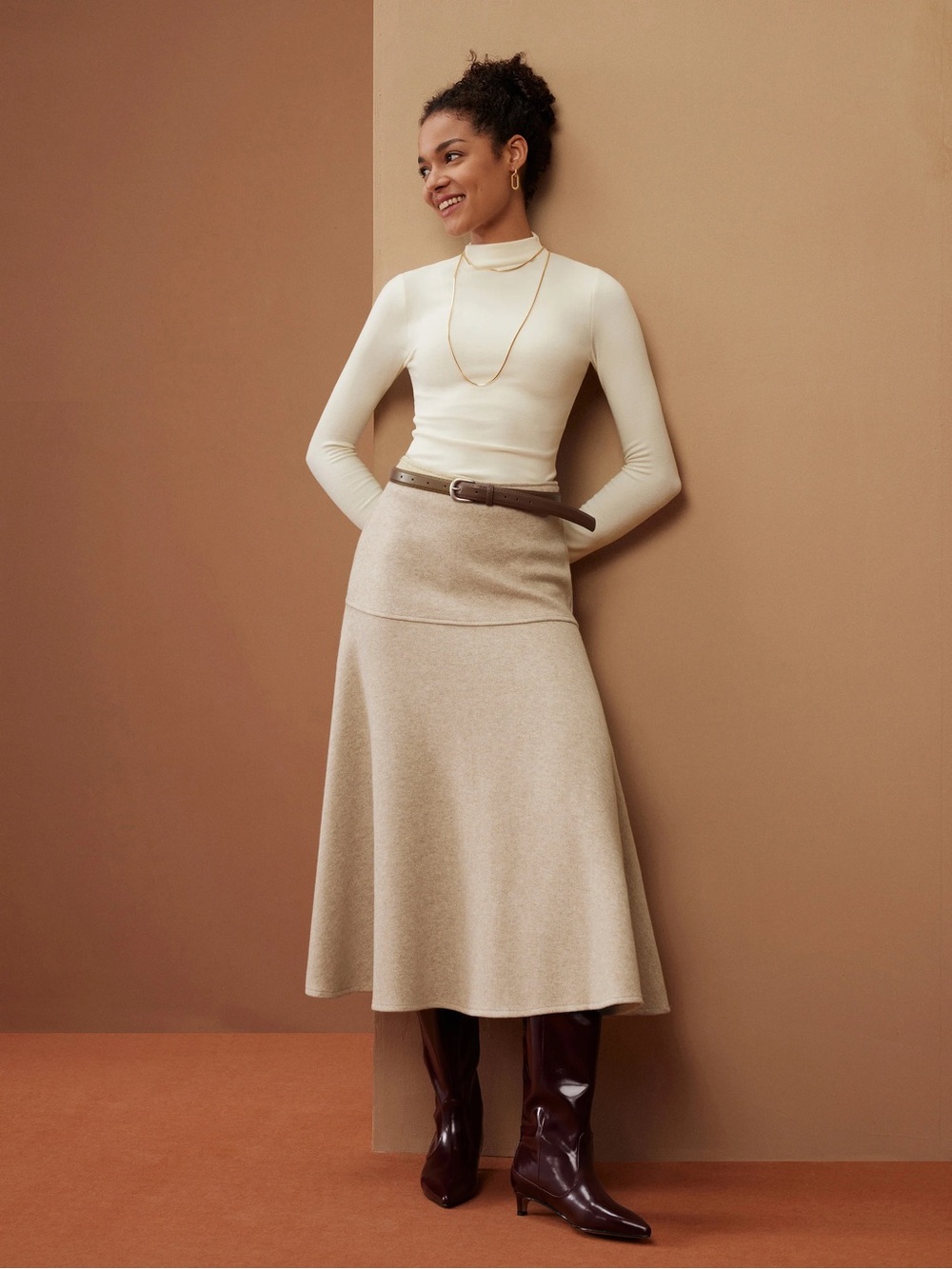OGL Neutral Cream Flare Midi Skirt small sweater fall